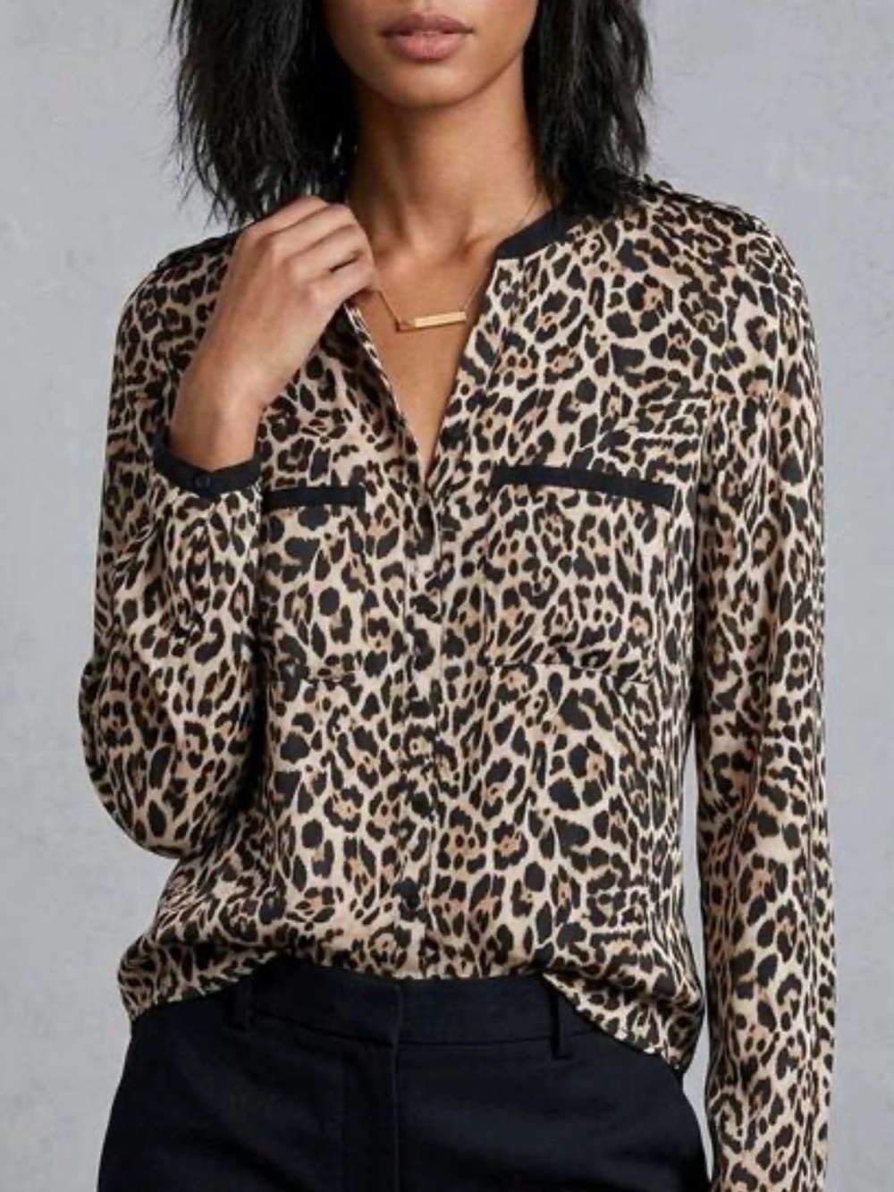 ZARA Basic Leopard Print Blouse V-Neck Long Sleeve Black Trim Pockets